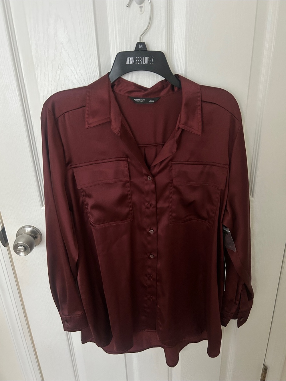 Simply Vera verawang Satin Button-Front Shirt in Deep Burgundy